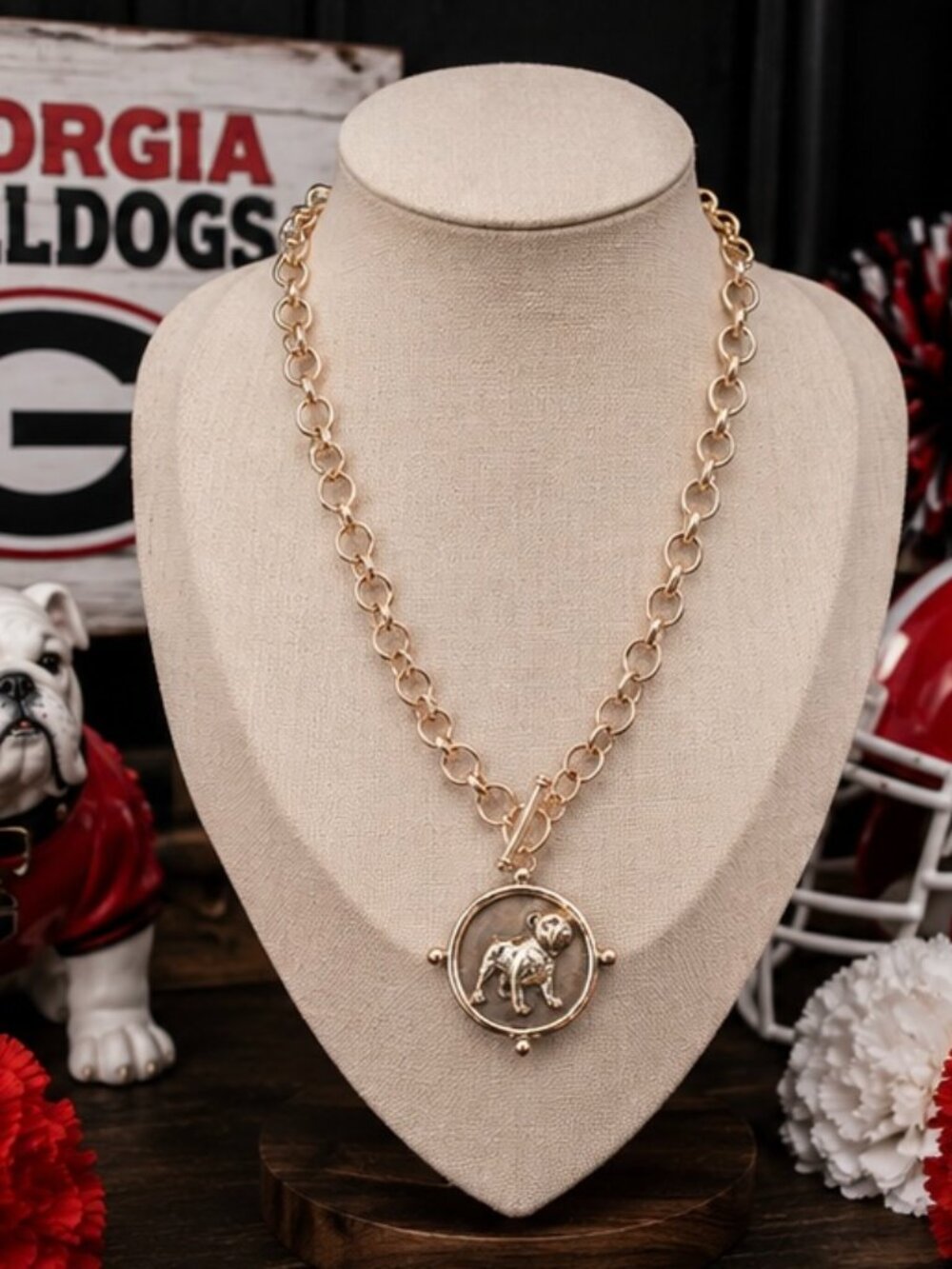 Gold Bulldog Medallion Necklace, Vintage Style Dog Pendant Necklace, Bulldog